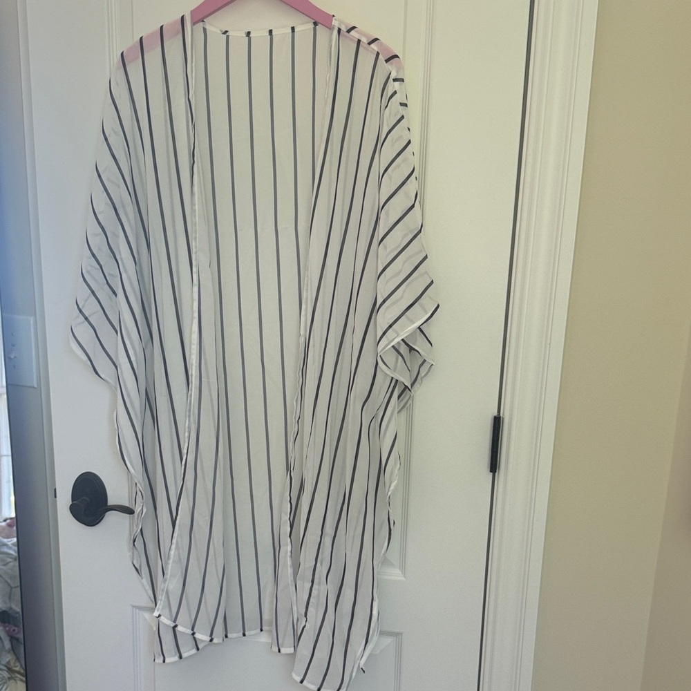 Striped Lightweight Open Kimono - White with Black Stripes